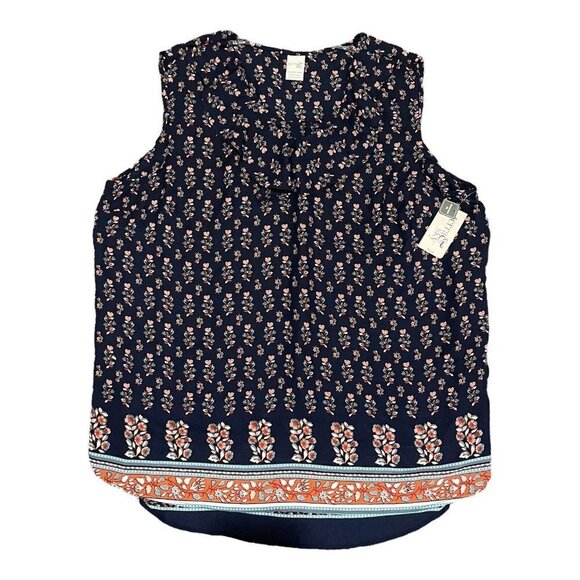 Terra Sky Sleeveless Blouse Navy / Pink Floral‎ Ruffle Neck Size 1X 16W-18W NWT - Picture 1 of 9